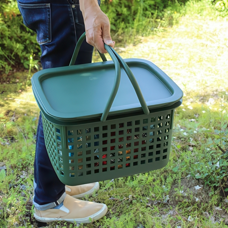 Basket with Lid from Japan, 23 L, CESTINO MEDIUM, 42 × 35 × H 25 cm, Green