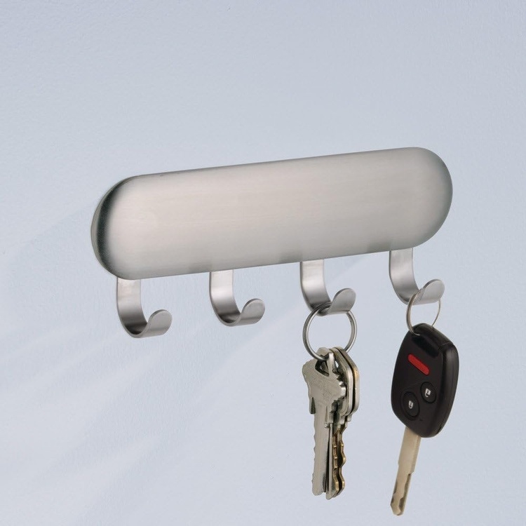 Rack with 4 hooks, Adhesive, FORMA KEY RACK, 14 x 2,5 x H 5,5 cm, Brushed steel
