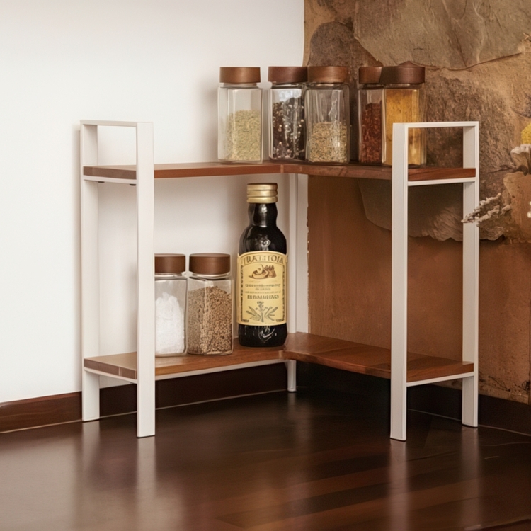 Shelf for spices, ACACIA CORNER SHELF, 30 x 30 x H 33 cm, White / Brown