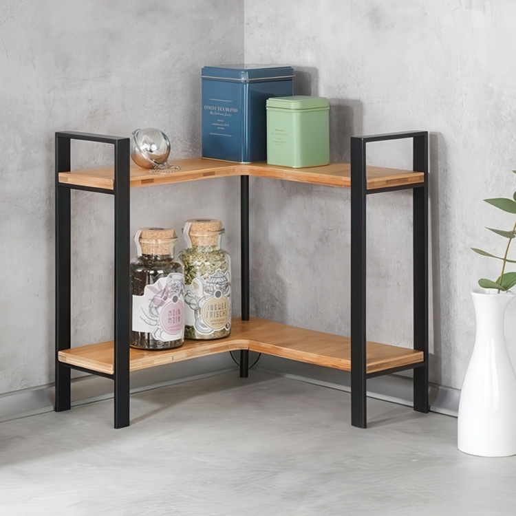 Shelf for spices, LOU CORNER SHELF, 30 x 30 x H 33 cm, Black and Bamboo