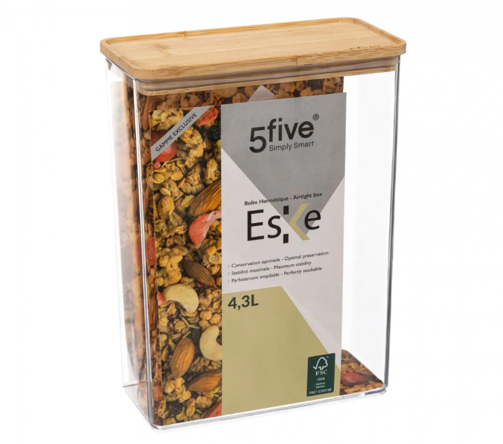 Airtight container, Rectangular, 4,3 L, ESKE BAMBOO XL, 20,4 x 10,4 x H 27,2 cm, Clear / Nature