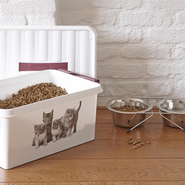 Box with handle, 15 L, PET STORAGE BOX MEDIUM, 40 x 30 x H 18 cm, White / Bordaux