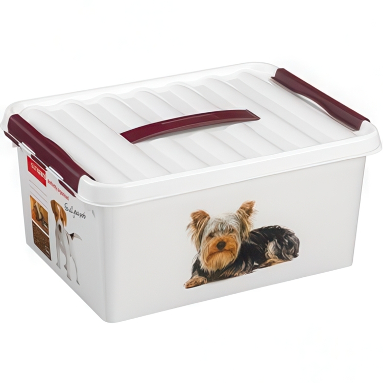 Box with handle, 15 L, PET STORAGE BOX MEDIUM, 40 x 30 x H 18 cm, White / Bordaux
