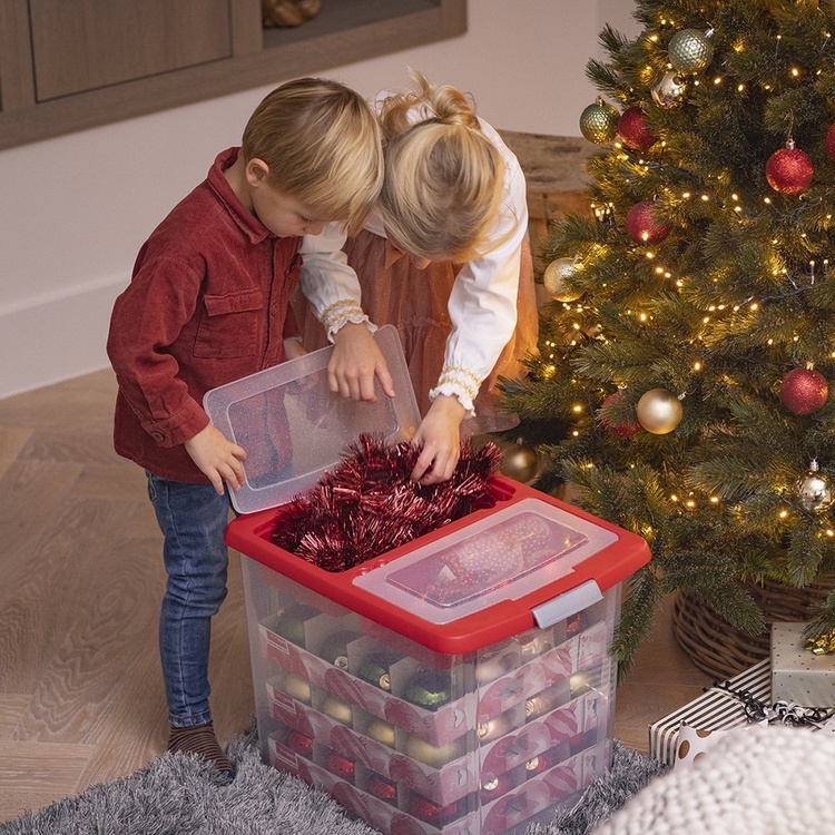 Storage box, 45L, XL GLITTER BOX , 48 x 36,5 x H 36,5 cm, Clear/ Red