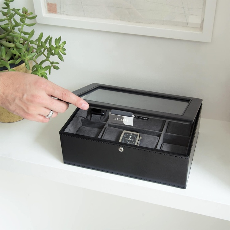Watch Box with glas lid, STACKERS WATCH BOX MEDIUM, 19,5 x 26 x H 9,5 cm, Black