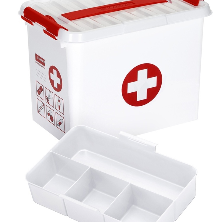 Box for Medicin, With handle, 9L, FIRST AID MEDIUM, 30 x 20 x H22 cm, White / Red