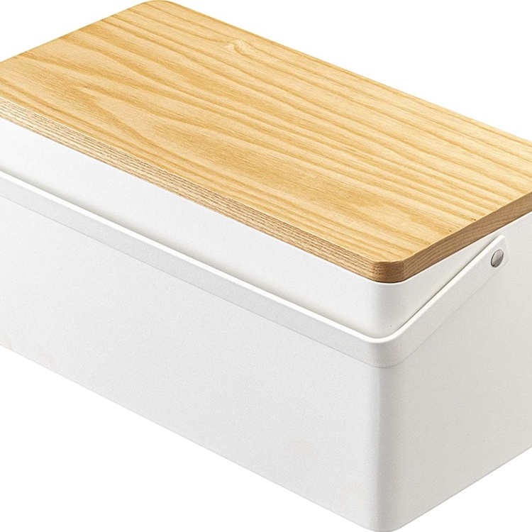 Basket in metal, TOWER SEWING BOX, 27 x 14 x H 13,5 cm, White / Wood