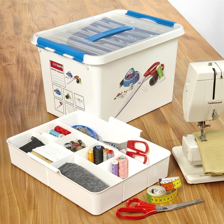 Sewing Box with handle, CRAFT BOX LARGE, 40 x 30 x H 26 cm, White / Blue