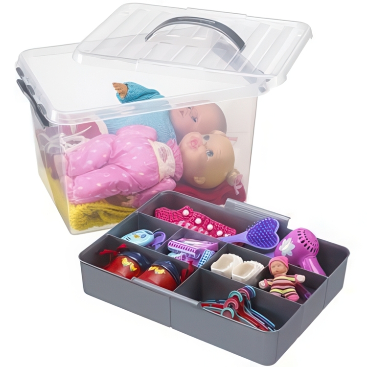 Box with insert and handle, 15L, Q-LINE MULTIBOX, 40 x 30 x H 18 cm, Clear / Silver Grey