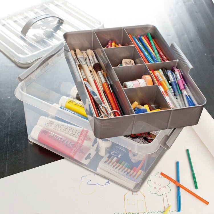 Box with insert and handle, 9L, Q-LINE MULTIBOX, 30,7 x 20 x H 22,3 cm, Clear / Silver Grey