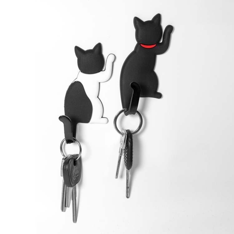 Magnetic hooks / Large magnets, Set of 2, KITTY CAT, 4,5 x H 13,5 cm, Black / White