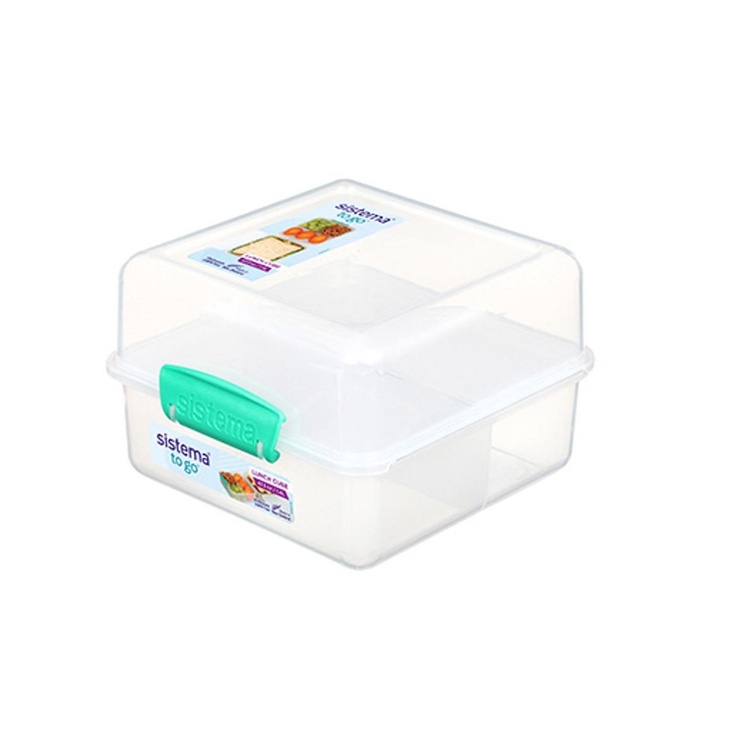 Lunch box divided into compartments, 1,4 L, LUNCH CUBE TO GO, Transparent / Teal