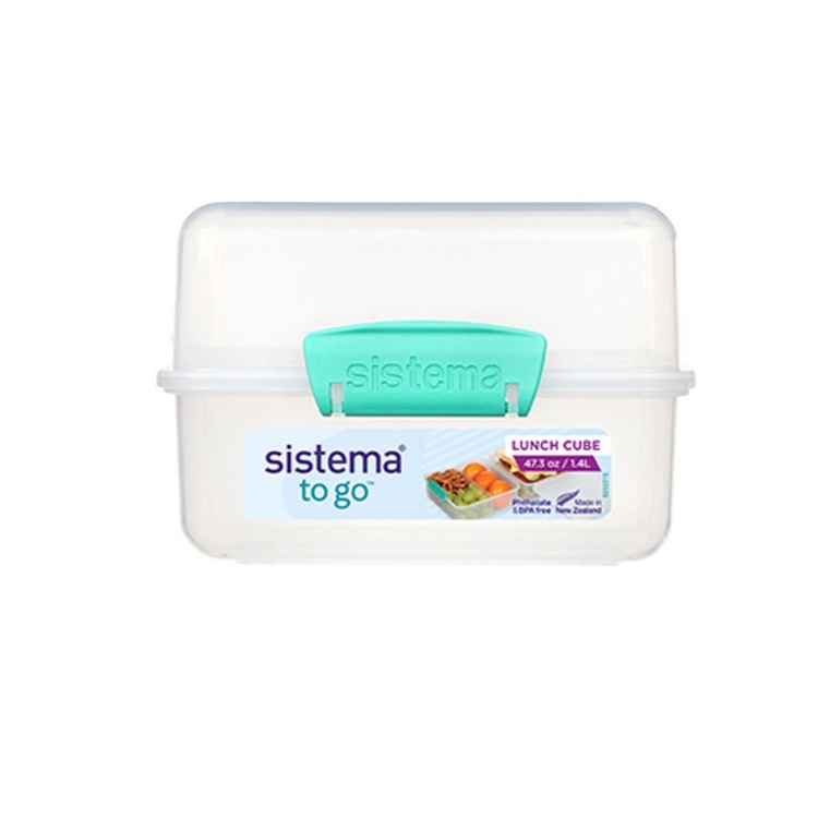 Lunch box divided into compartments, 1,4 L, LUNCH CUBE TO GO, Transparent / Teal