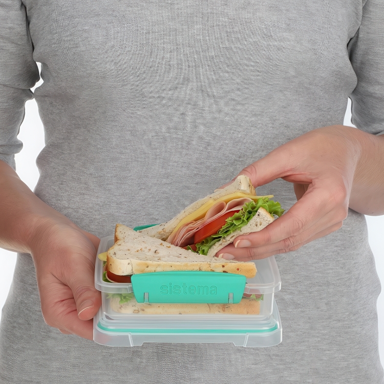 Lunch box, 450 ml, KLIP-IT SANDWICH, 15 x 15 x H 5 cm, Clear / Teal