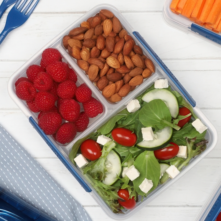 Food Storage box, 3 Compartments, SISTEMA MULTI SPLIT TO GO, 23 x 17 x H 4,3 cm, Clear / Blue
