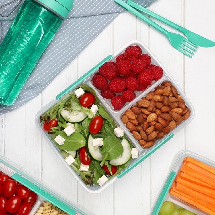 Food Storage box, 3 Compartments, SISTEMA MULTI SPLIT TO GO, Clear / Teal