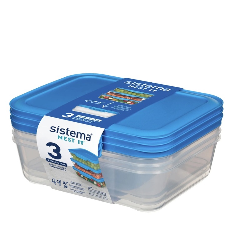 Food Storage boxes, 1,5 L, Set of 3, SISTEMA NEST IT, Clear / Blue