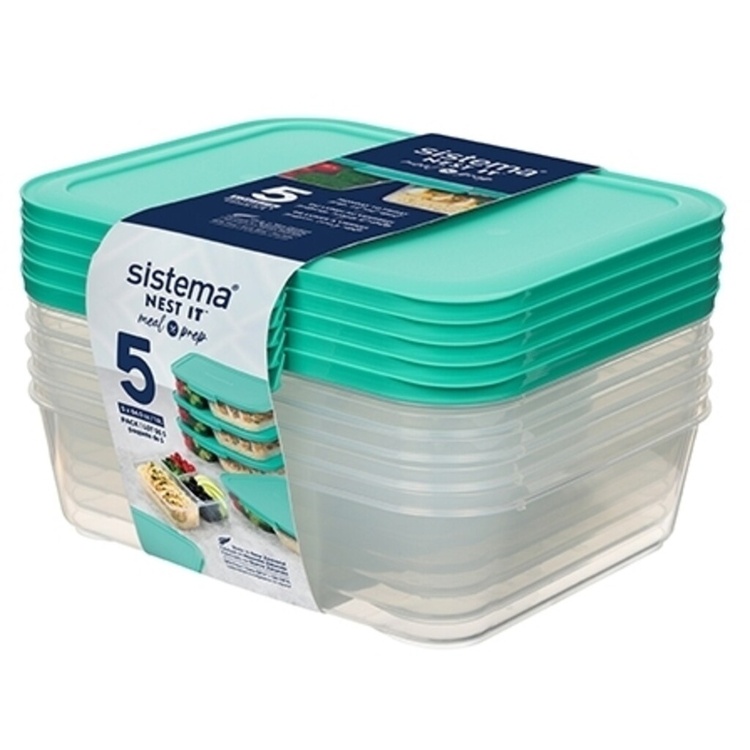 Food Storage boxes, 3 Compartments, Set of 5, SISTEMA NEST IT LARGE, 24x 19,5 x H 6,5 cm, Clear / Green