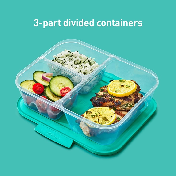 Food Storage boxes, 3 Compartments, Set of 5, SISTEMA NEST IT LARGE, 24x 19,5 x H 6,5 cm, Clear / Green