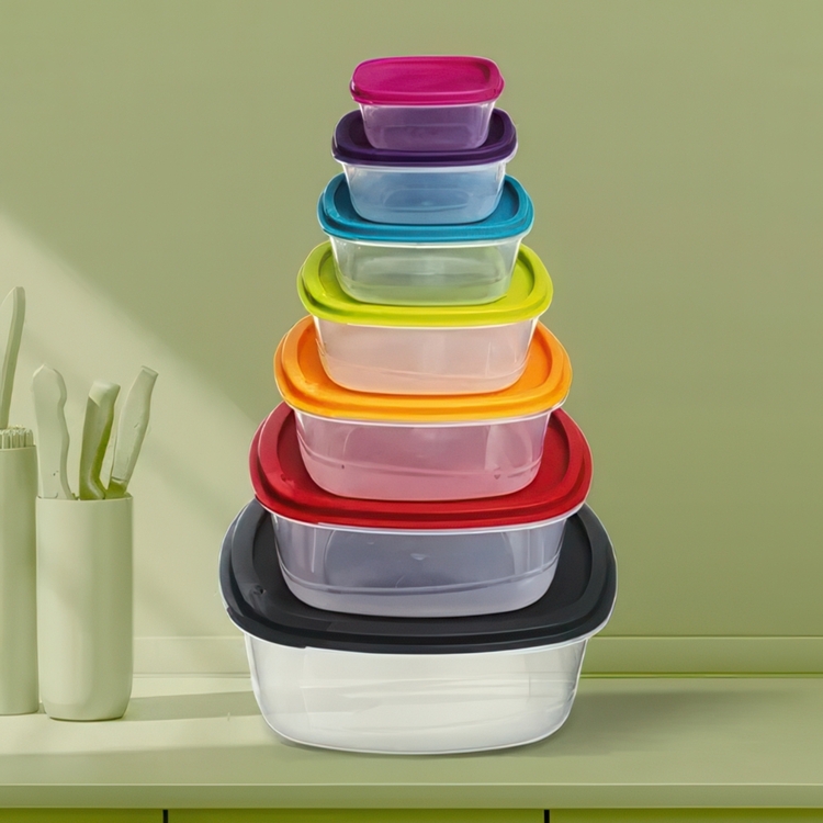 Food Storage boxes, Set of 7, SMART COLORED NEST SQUARE, Clear / Multicolored