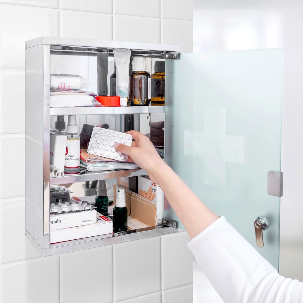 Medicine cabinet with glass door, lockable, MEDIKAMENTENSCHRANK, 30 x 12 x H 40 cm, Silver 