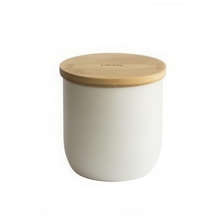 Metal Jar with Bamboo Lid, 1,2 L, PEBBLY OPAQUE COFFEE POT, Ø 12 x H 12 cm, Offwhite / Nature