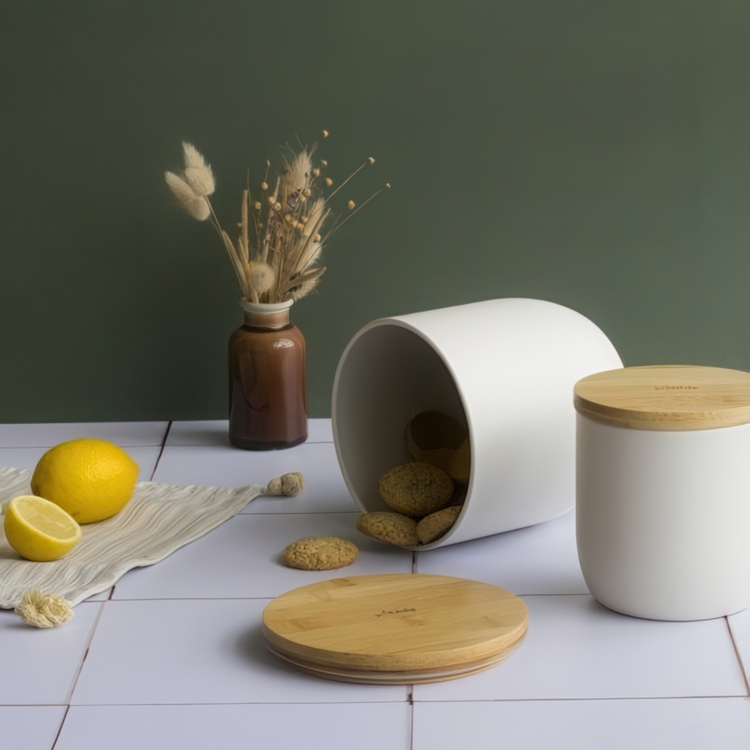 Metal Jar with Bamboo Lid, 1,2 L, PEBBLY OPAQUE COFFEE POT, Ø 12 x H 12 cm, Offwhite / Nature