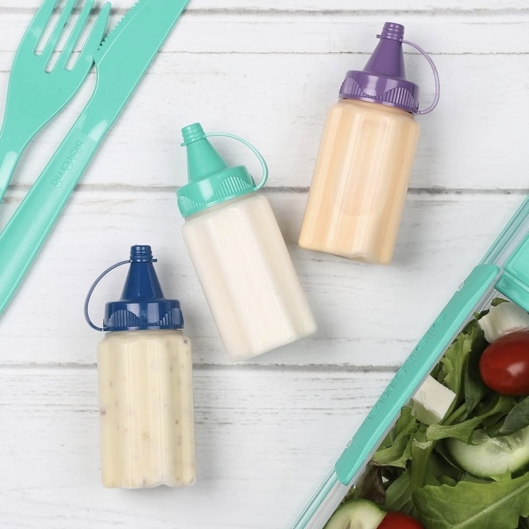 Mini bottles for sauce, 35 ml, Set of 3, SAUCE TO GO, Ø3,4 x H8 cm, Purple / Turquoise / Blue