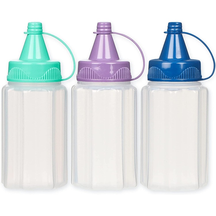 Mini bottles for sauce, 35 ml, Set of 3, SAUCE TO GO, Ø3,4 x H8 cm, Purple / Turquoise / Blue