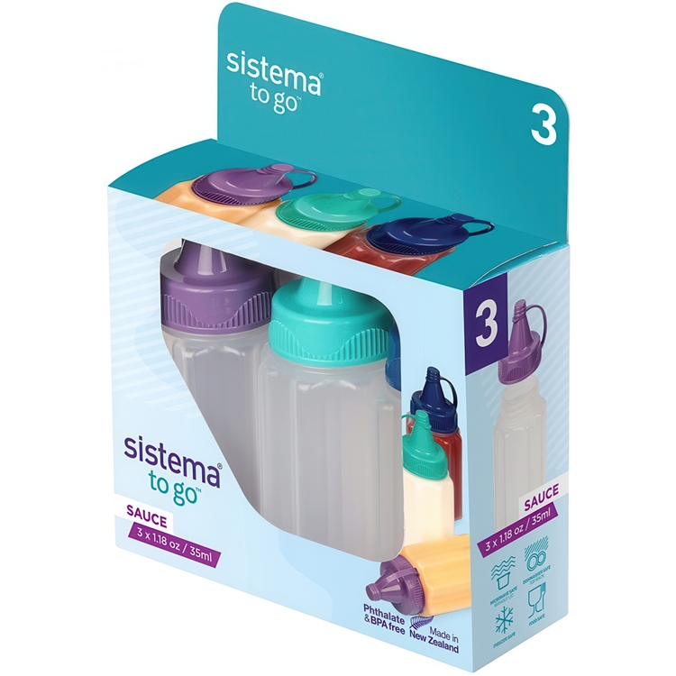 Mini bottles for sauce, 35 ml, Set of 3, SAUCE TO GO, Ø3,4 x H8 cm, Purple / Turquoise / Blue