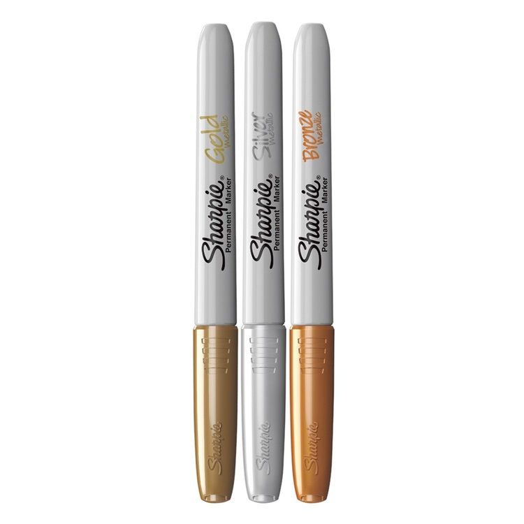 Markers, Permanent, Fine Tip, SHARPIE METALLIC, Pack of 3, Silver, gold, bronze