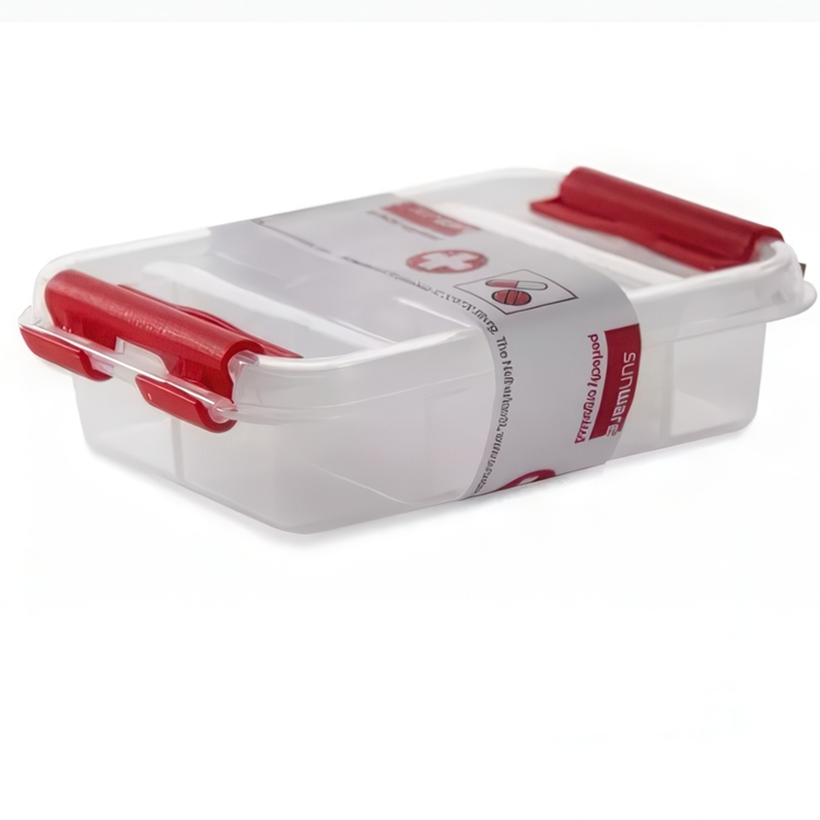 Small box, 8 compartments, FIRST AID PILL ORGANIZER, 12 x 7,7 x H 3 cm, Clear / Red