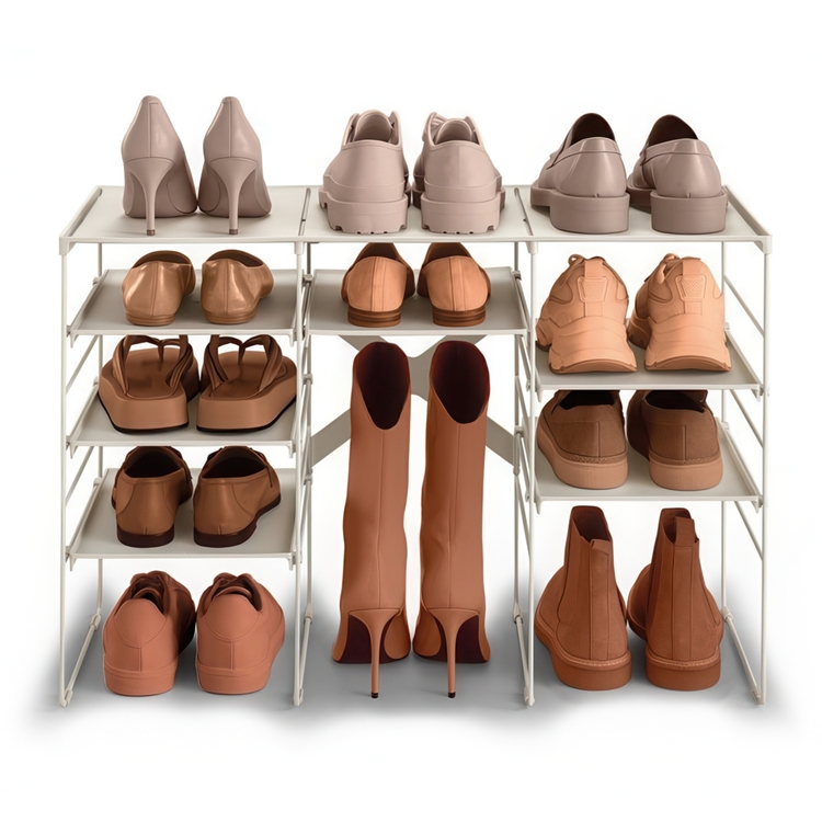Shoe Rack in Metal, Adjustable, LEVEL TRIPLE, Joseph Joseph, 75,8 x 35 x H 51,2 cm, Ecru 