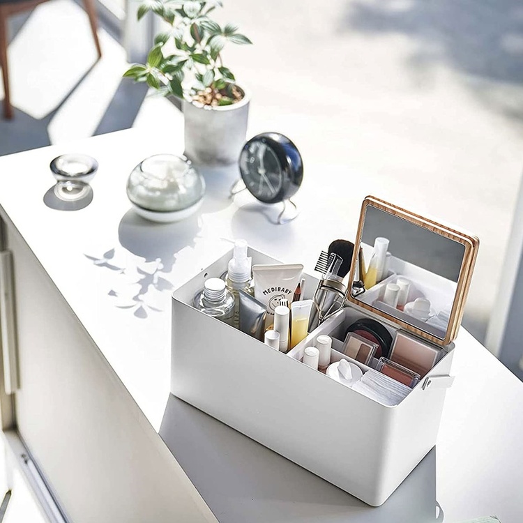 Cosmetic organizer with mirror, TOWER MAKE UP BOX, Yamazaki, White / Nature