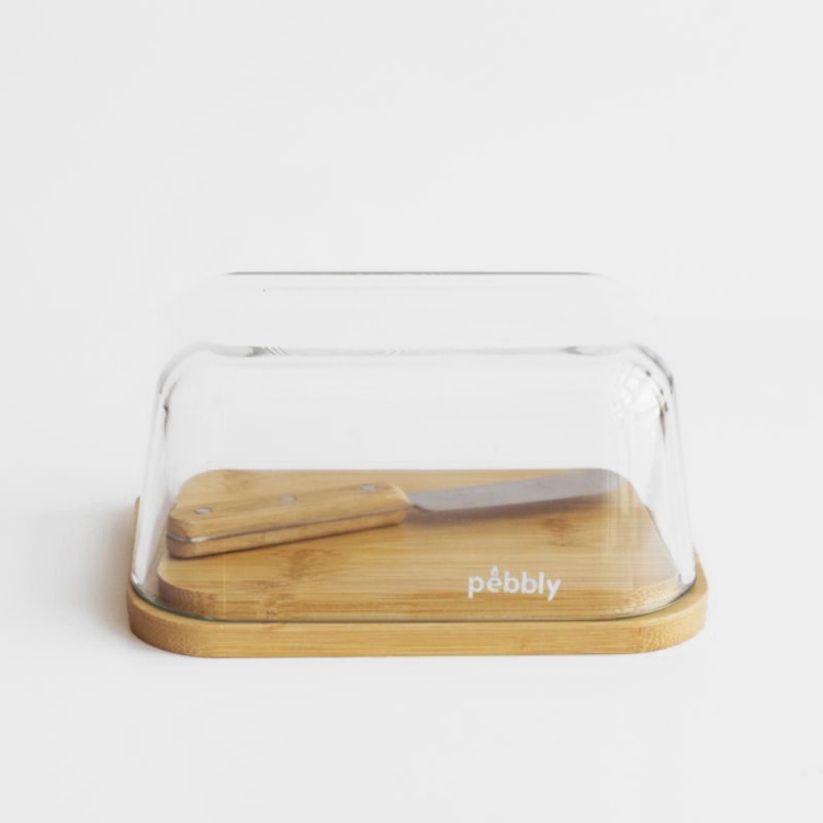 Butter Dish, Bamboo and Glass PEBBLY BEURRIER, 16,5 x 12 x H 8,5 cm, Clear / Nature