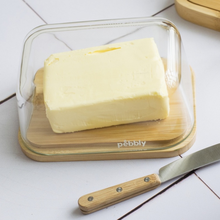 Butter Dish, Bamboo and Glass PEBBLY BEURRIER, 16,5 x 12 x H 8,5 cm, Clear / Nature