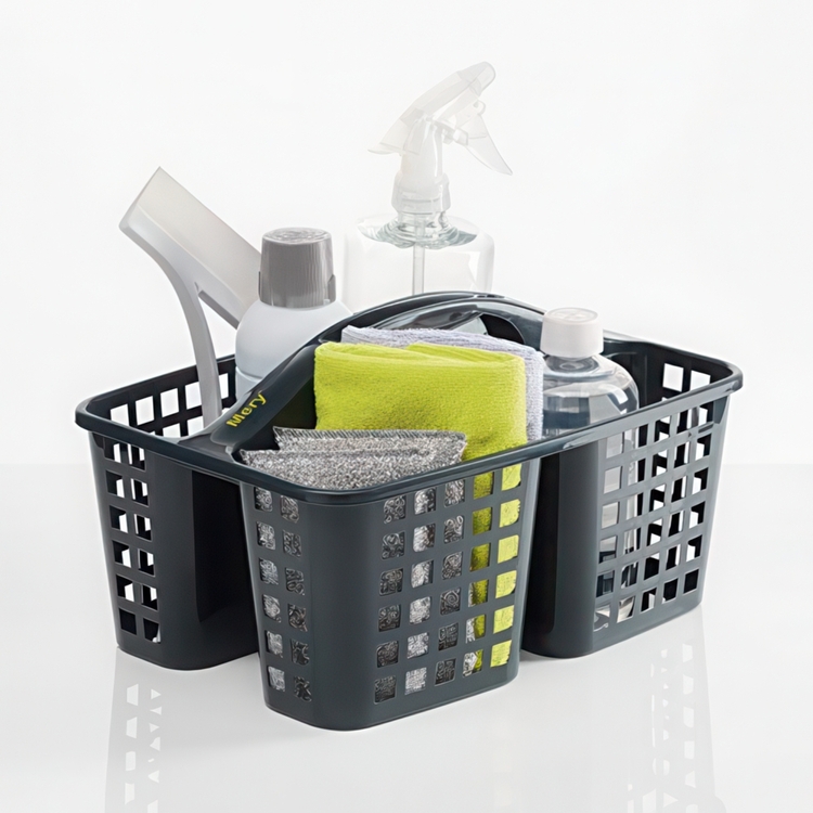 Cleaning basket with handle, 3 compartments, MERY, Grey