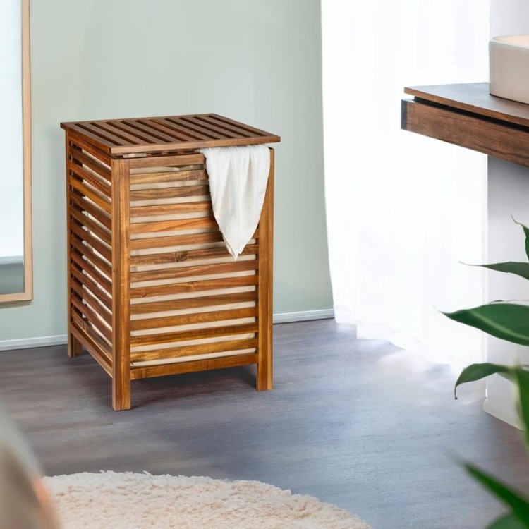 Laundry Basket in acacia, 56 L, FONDI, 45 x 45 x H 65 cm, Brown