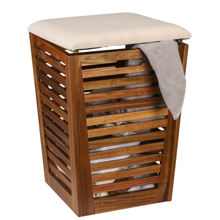 Stool in acacia with storage, FONDI, 40 x 40 x H 56 cm, Brown / offwhite