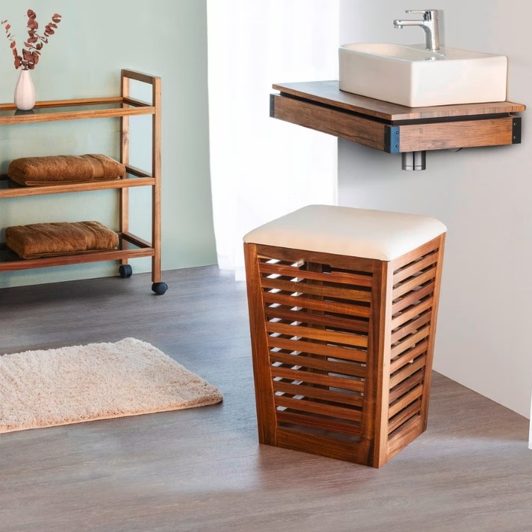 Stool in acacia with storage, FONDI, 40 x 40 x H 56 cm, Brown / offwhite