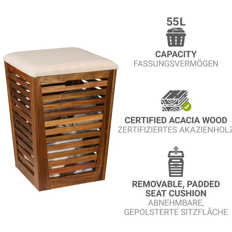 Stool in acacia with storage, FONDI, 40 x 40 x H 56 cm, Brown / offwhite