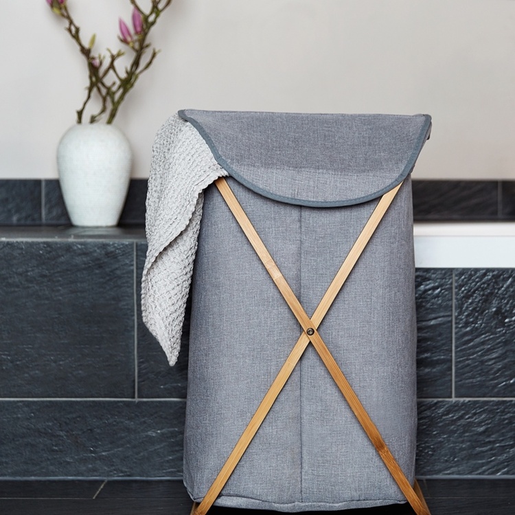 Laundry basket with bamboo frame, BAHRI, 46 x 30 X H 68 cm, Grey