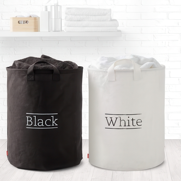 Laundry Baskets, Set of 2, BLACK & WHITE, Ø40 x h 55 cm, Offwhite & Black